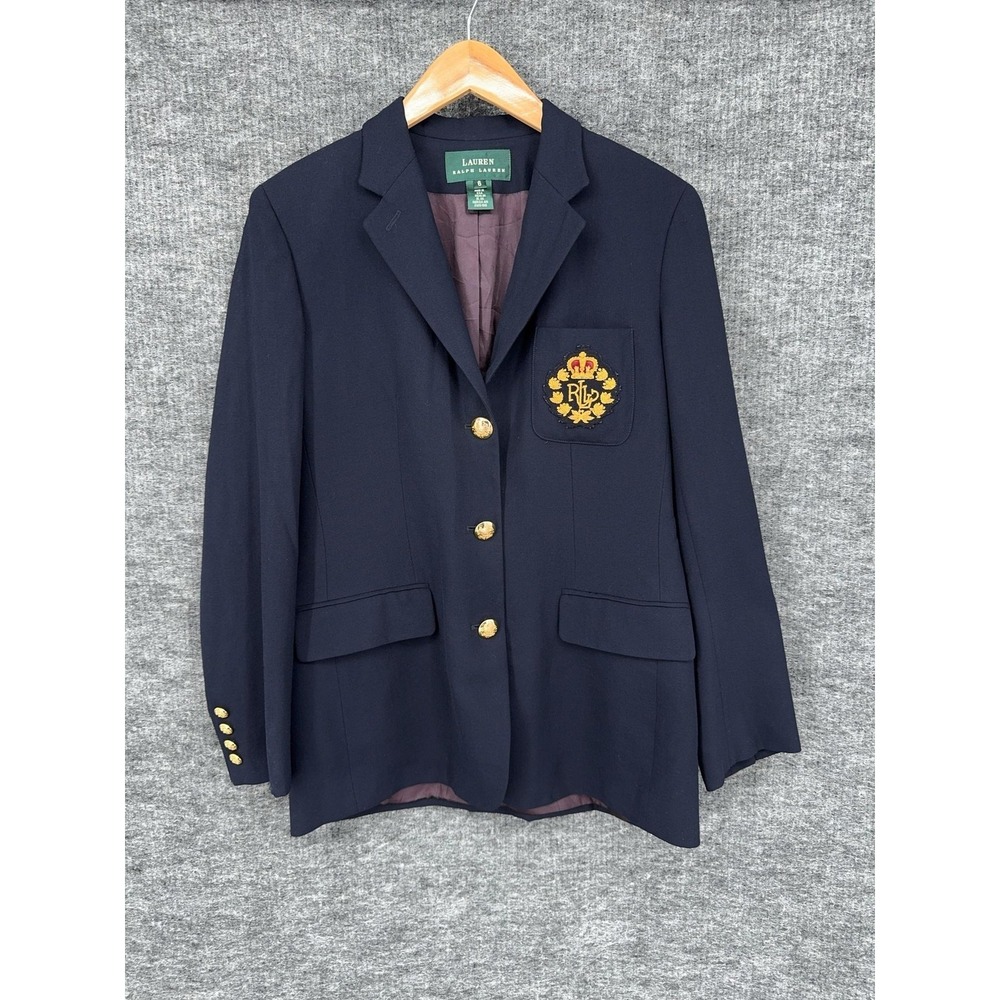 Vintage Lauren Ralph Lauren Blazer Womens 6 Blue Worsted Wool Royal‎ Crest USA - Picture 5 of 11